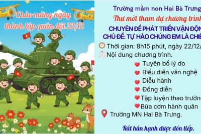 Tất cả các chiến sĩ trường mầm non Hai Bà Trưng đã sẵn sàng cho chương trình kỷ niệm ngày thành lập quân đội nhân dân Việt Nam 22/12. Trân trọng kính mời Các bậc cha mẹ trê tham dự chuyên đề phát triển vận động với chủ đề: “chúng em tự hào là chiến