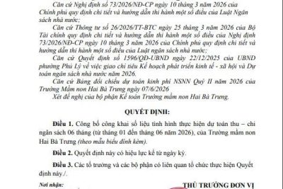 QUYẾT ĐỊNH Về việc công bố công khai tình hình thực hiện dự toán thu – chi ngân sách 06 tháng của Trường mầm non Hai Bà Trưng