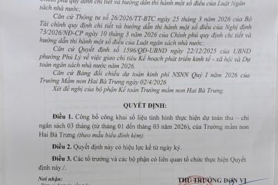 Quyết định về việc công bố công khai tình hình thực hiện dự toán thu-chi ngân sách 3 tháng của trường mầm non Hai Bà Trưng